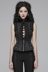 Black Stand Collar Sleeveless Floral Embroidery Lace Mesh Women's Gothic Waistcoat